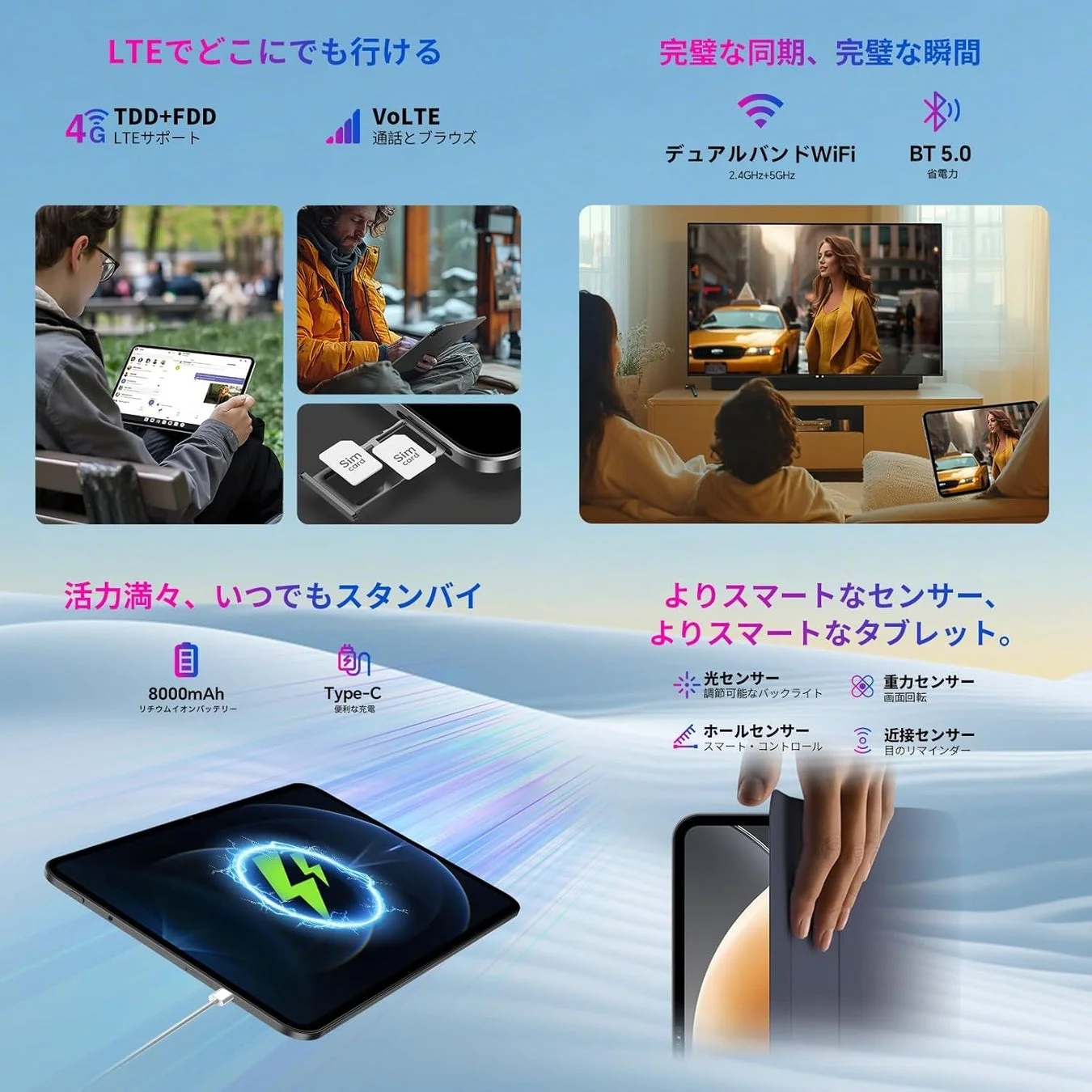 バッテリーと4G LTE、WiFi、センサー機能