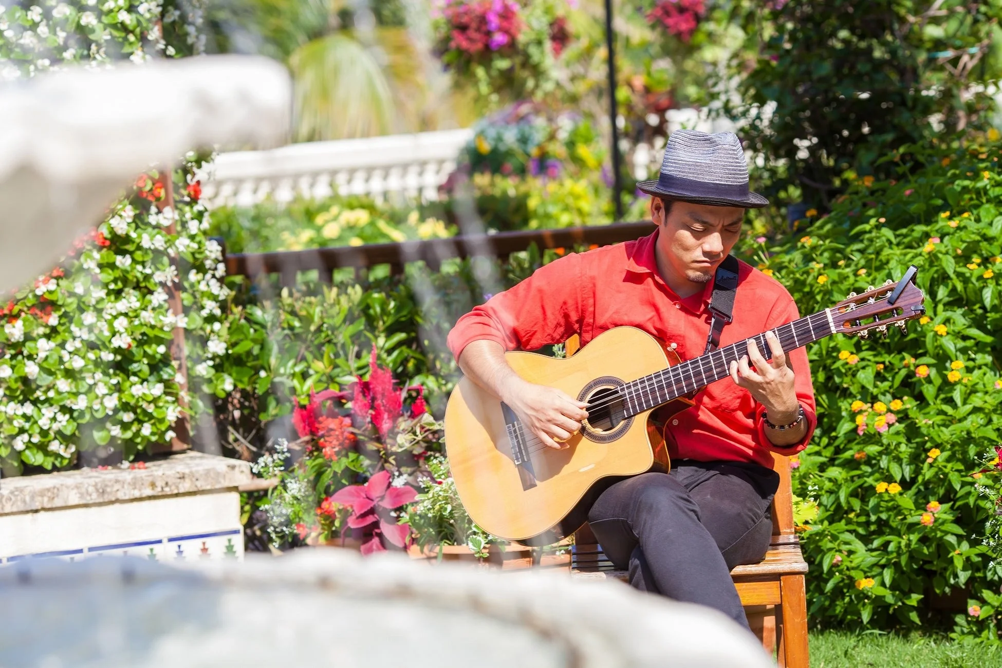 男性、ギター、演奏、庭園、花、アコースティックギター、音楽、屋外、帽子、赤いシャツ、自然、晴れ