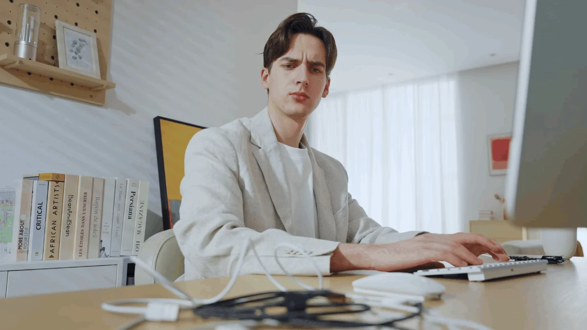 ケーブルが散乱したデスクと男性