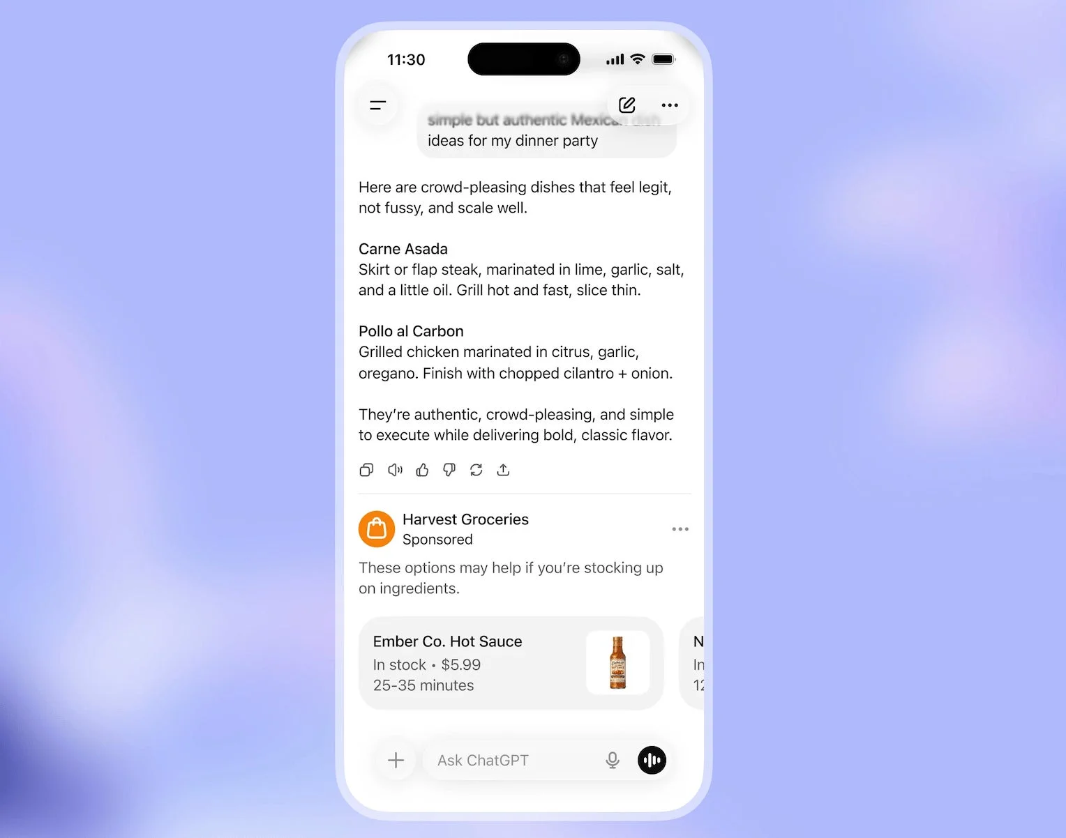 ChatGPTがレシピを提案し、広告が表示される様子