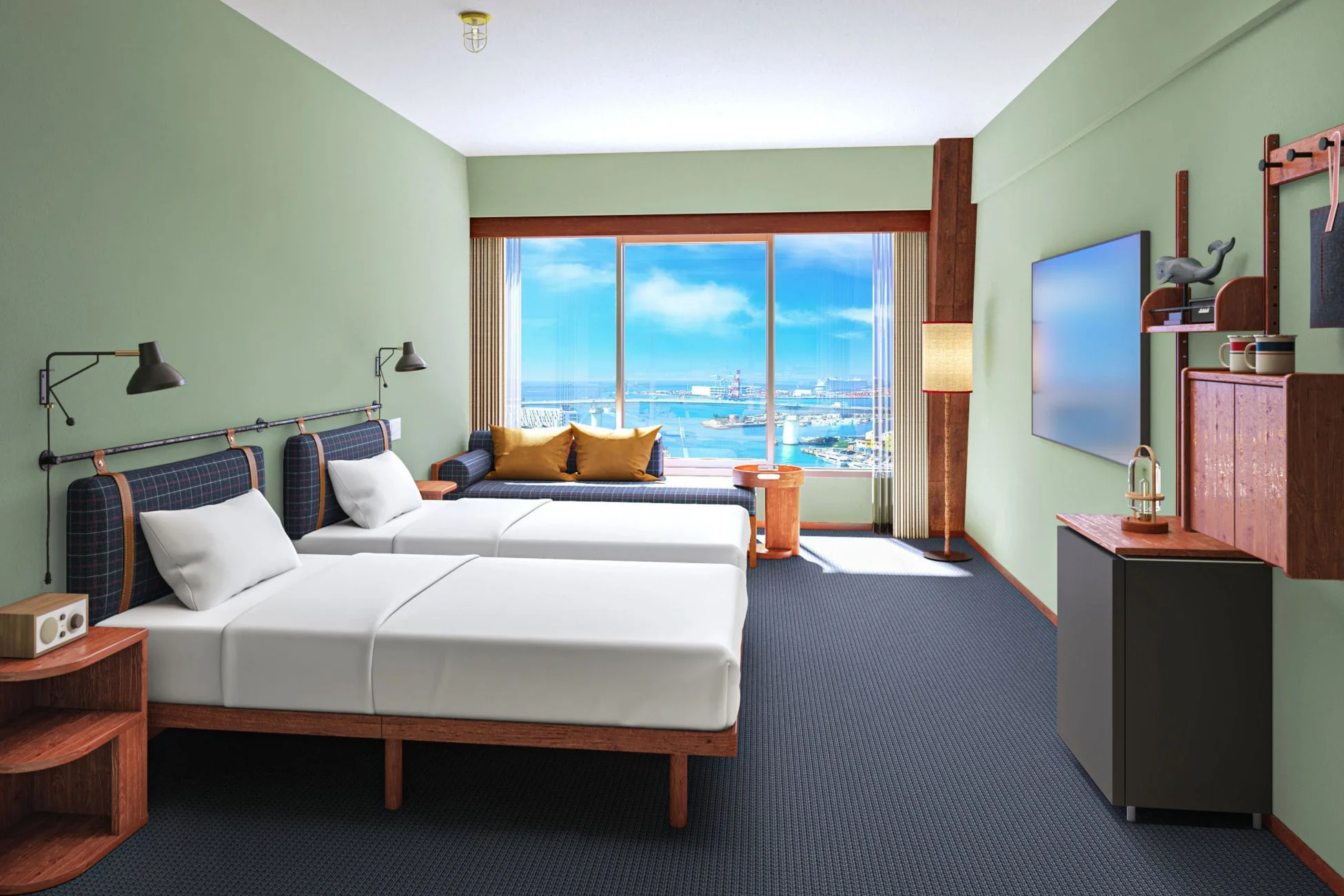 港の景色を望む客室