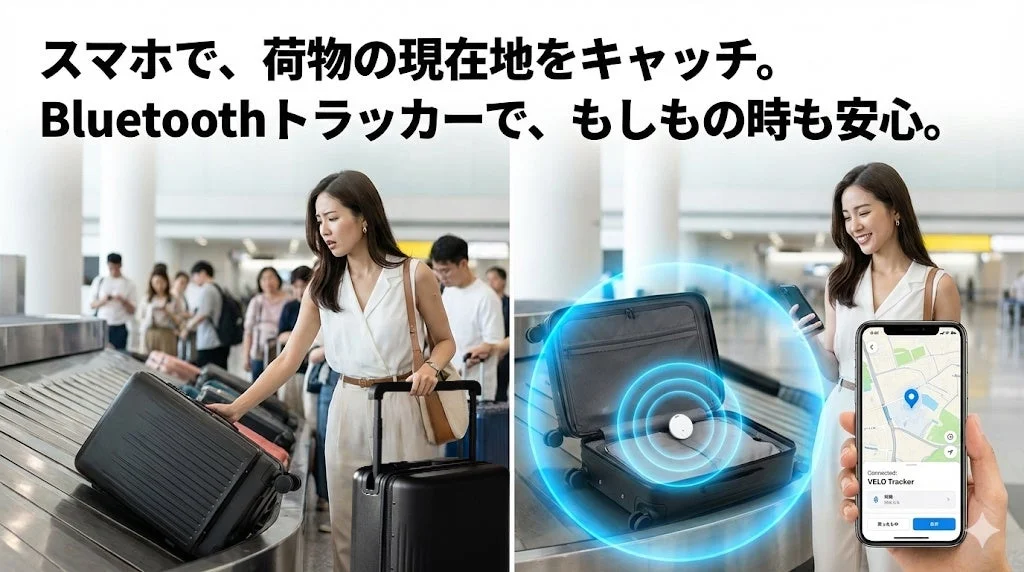 空港のバゲージクレームで、女性がスマートフォンとBluetoothトラッカーを使って荷物の現在地を確認し、もしもの時も安心できる様子を示しています。
