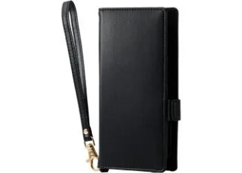 白い背景に置かれた黒色の手帳型スマートフォンケース