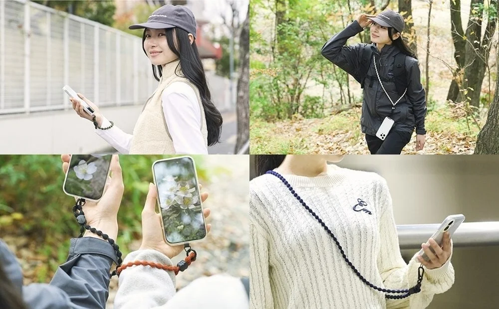 スマートフォン用ストラップの多様な使い方を紹介するコラージュ画像