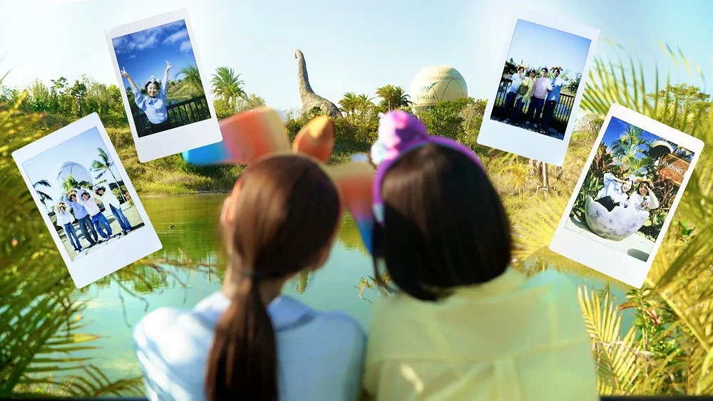 湖と熱帯の風景、恐竜の像、ポラロイド写真