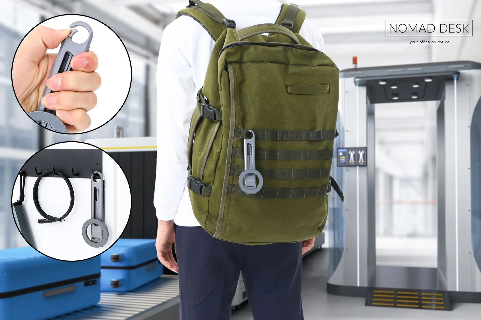 カラビナ機能でバッグに吊り下げられたスタンド