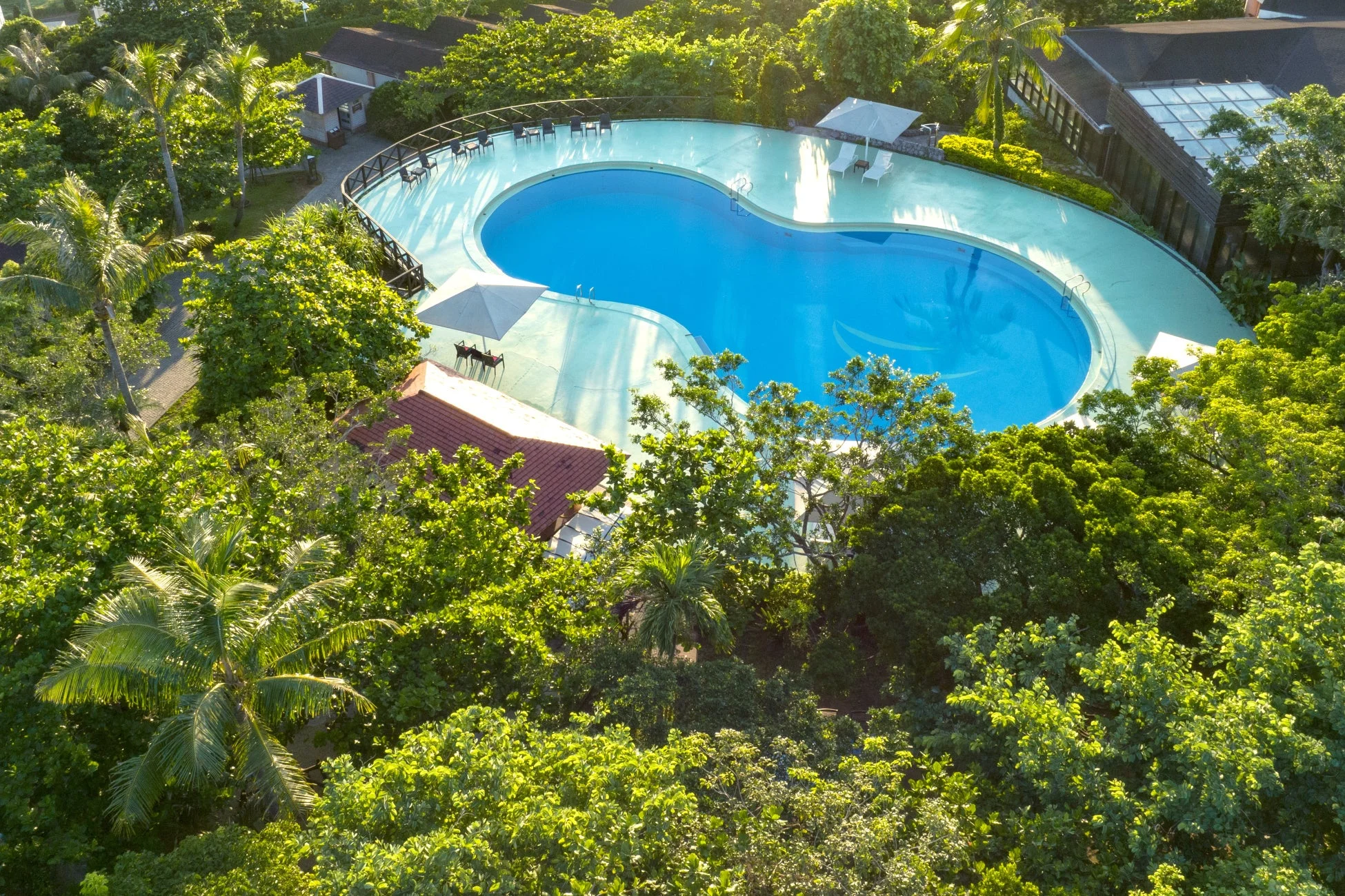 緑豊かな木々に囲まれたリゾートホテルの屋外プール