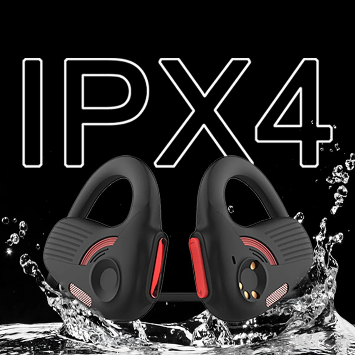黒い背景と水しぶきの中に、IPX4防水性能を示す黒と赤のワイヤレスイヤホンが描かれた画像です。