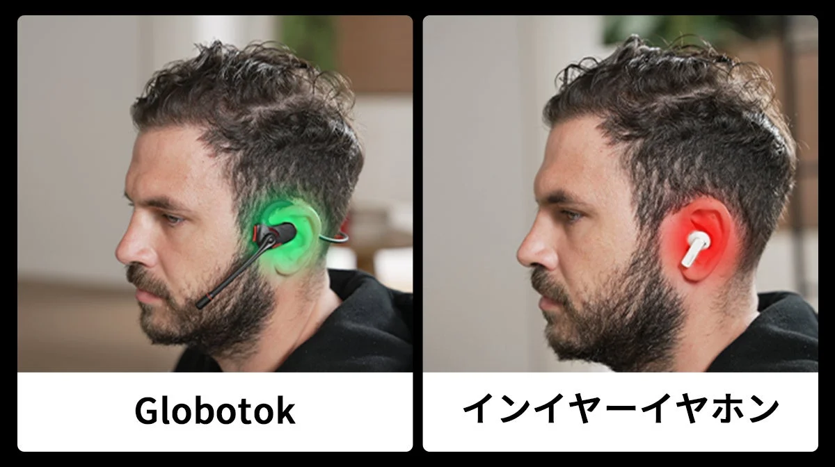 男性が2種類のイヤホンを装着している比較画像です。