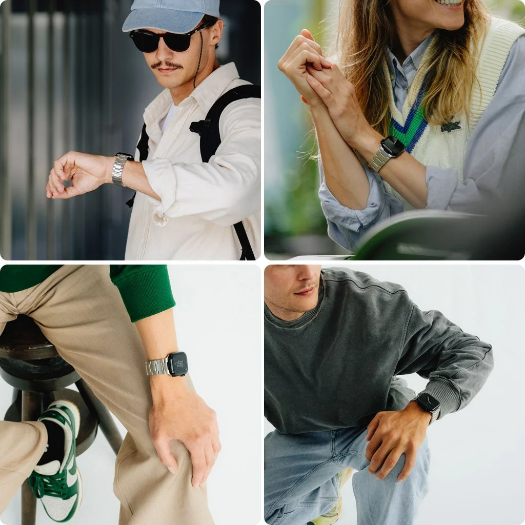 様々なカジュアルな服装にメタルバンドの腕時計を合わせたコラージュ