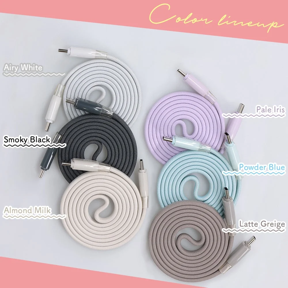 Color lineup Airy White Smoky Black Almond Milk Pale Iris Powder Blue Latte Greige