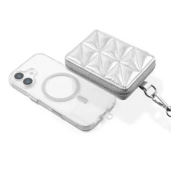 iPhoneケース、スマホケース、クリアケース、MagSafe、ミニウォレット、財布、キルティング、シルバー、チェーン、スマホアクセサリー、ファッション小物、スマホショルダー