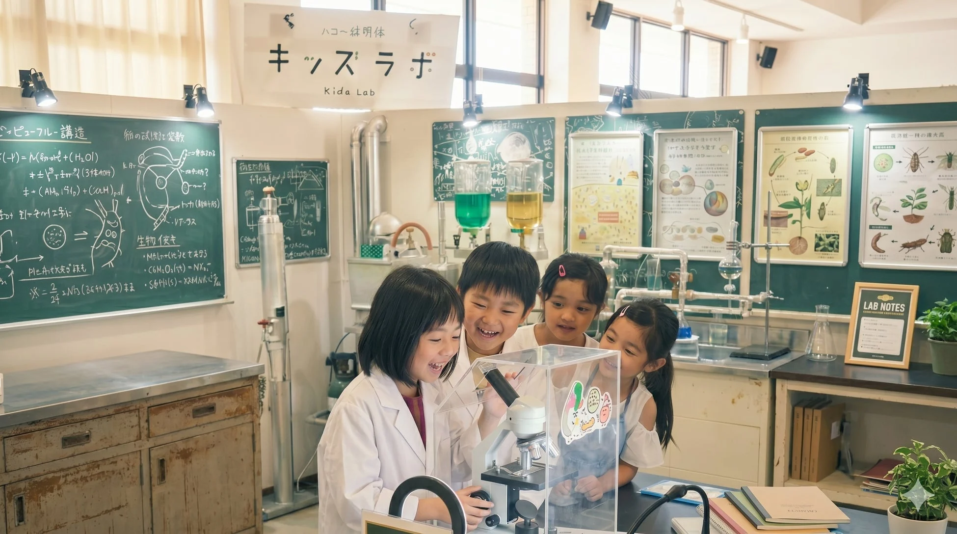 顕微鏡を囲む子供たち