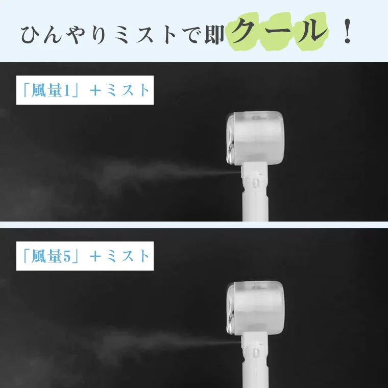 ひんやりミストで即クール！ 「風量1」＋ミスト 「風量5」＋ミスト