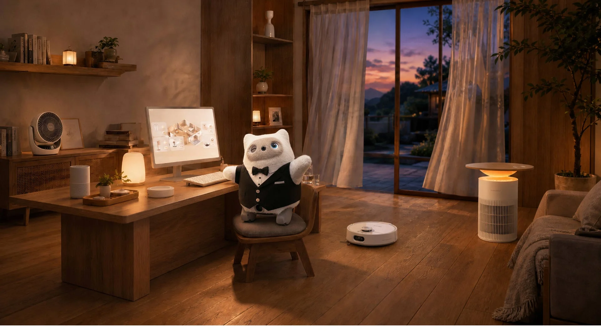 夕暮れ時のリビングルーム兼書斎。タキシードを着た可愛らしいロボットがデスクに座り、スマートデバイスに囲まれている。ロボット掃除機や空気清浄機が配置され、窓からは美しい夕焼けが見える。暖色の照明が心地よい、モダンで快適な空間。