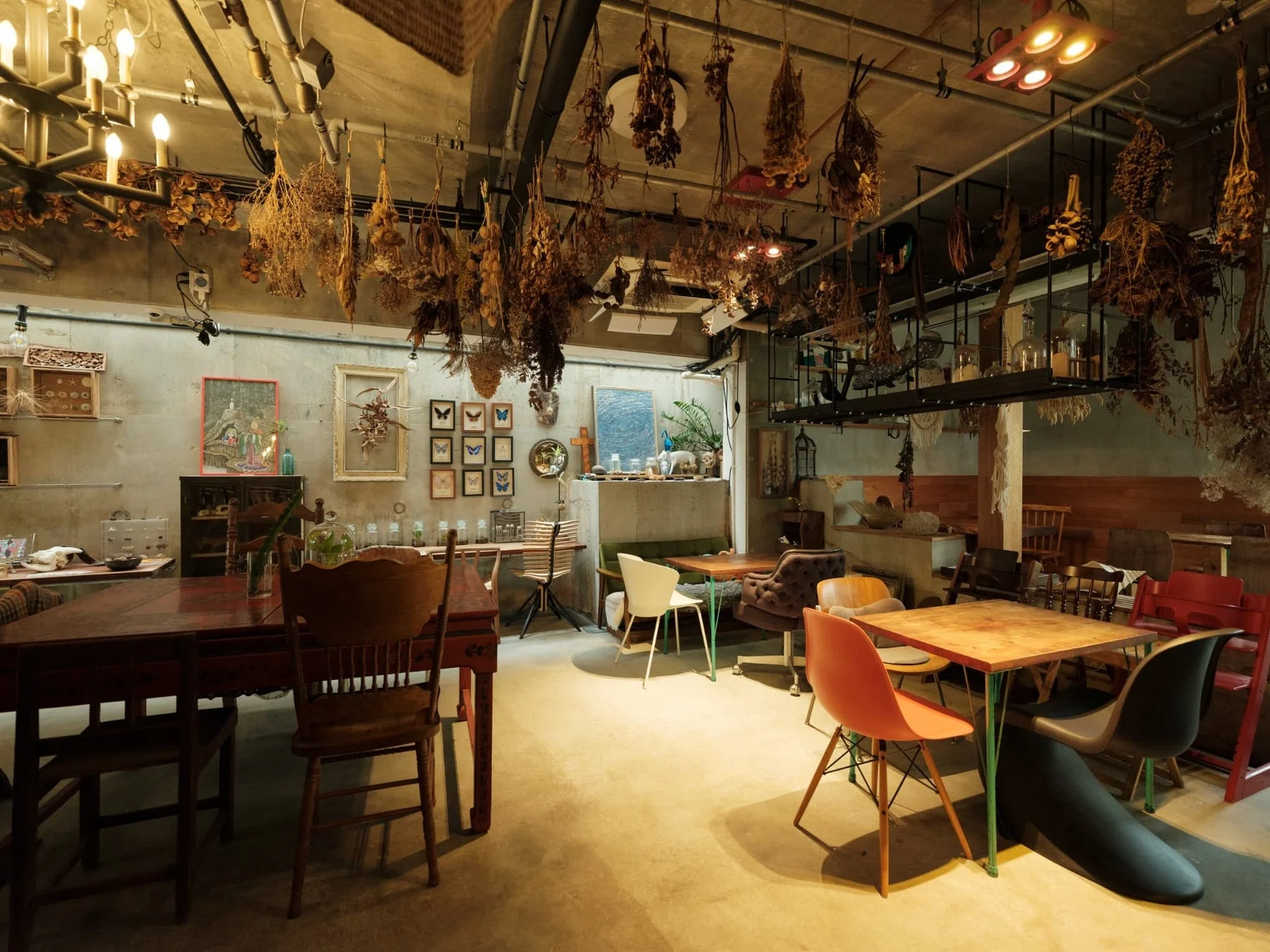 ドライフラワーやアンティーク家具が吊り下げられた、温かく個性的なカフェの店内風景