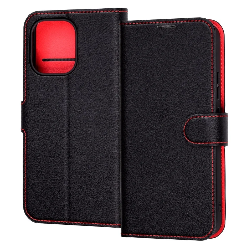 黒いレザー調の手帳型スマホケース