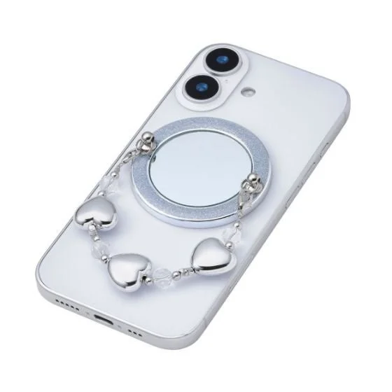 ハートビーズとミラー付きスマホリング