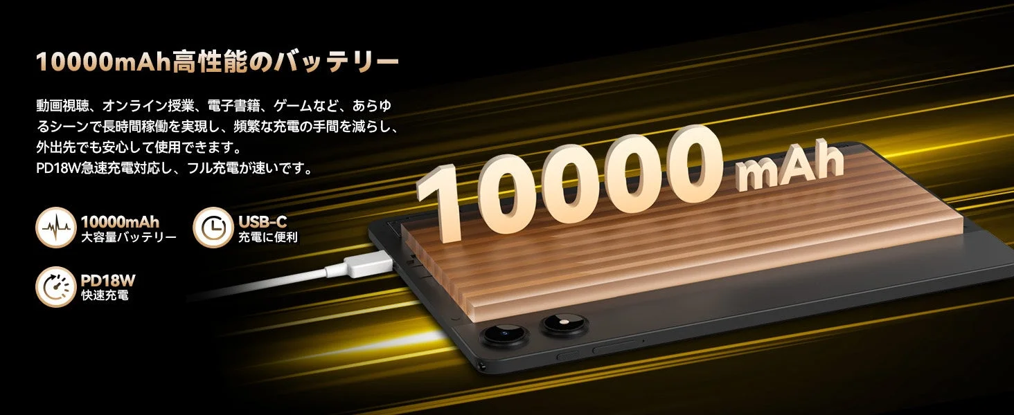 10000mAh高性能のバッテリー