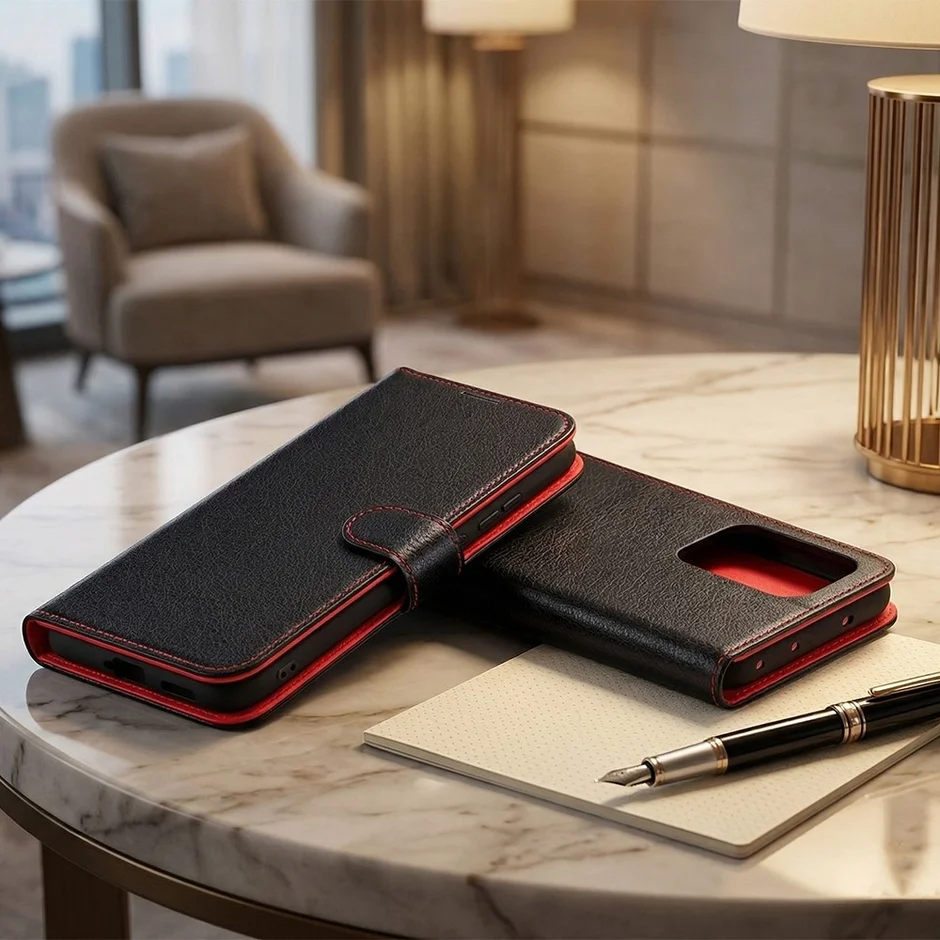 黒いスマートフォンケースが2つ、ノートと万年筆が配置された室内