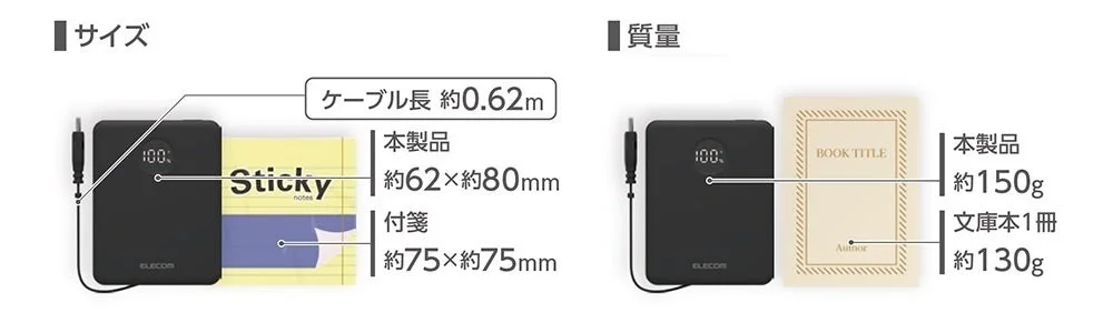 製品比較,サイズ,質量,モバイルバッテリー,ポータブル充電器,文庫本,付箋,ELECOM,寸法,重さ