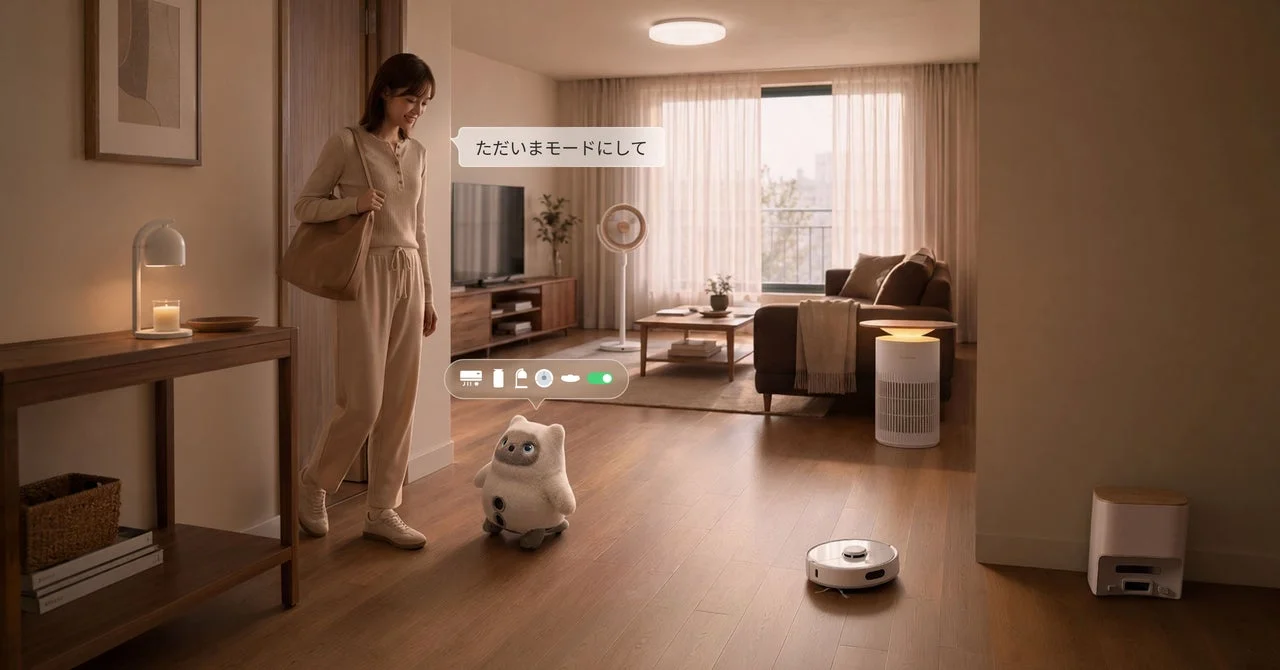 女性がスマートホームのロボットに「ただいまモードにして」と話しかけている様子。リビングにはロボット掃除機や空気清浄機などの家電が配置され、現代的で快適な暮らしを表現しています。