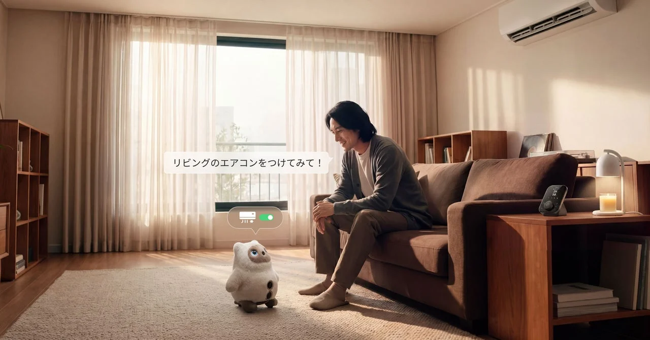 明るいリビングで男性がソファに座り、床にいる小さな白いロボットと対話している。ロボットは「リビングのエアコンをつけてみて!」というメッセージを表示しており、スマートホーム機能による家電操作を示唆している。