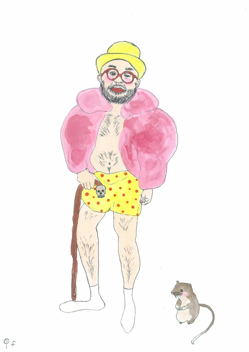 黄色い帽子とピンクの毛皮のコートを着た男性のイラスト