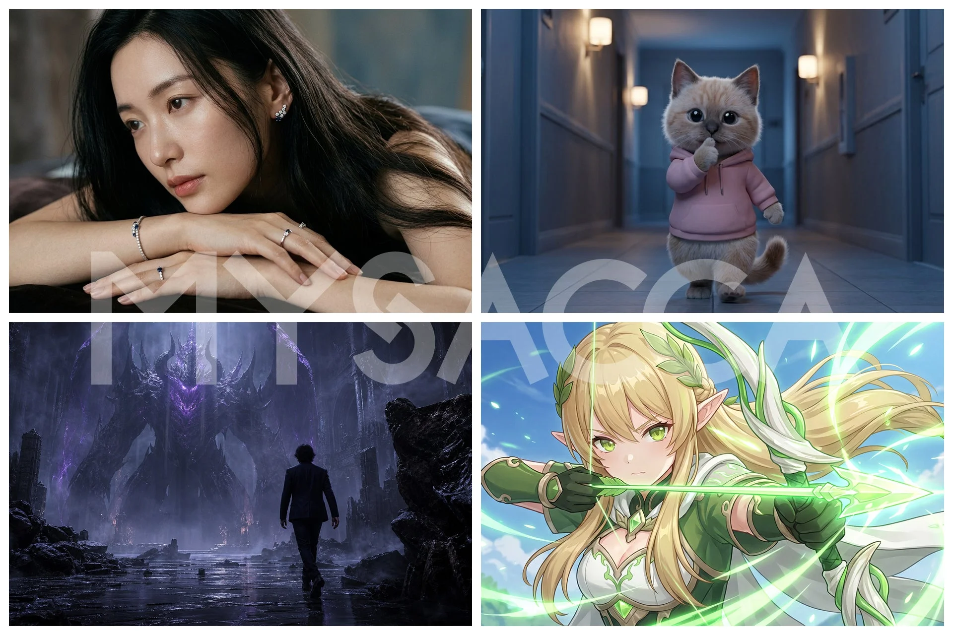 多様なイラストと女性、猫の画像