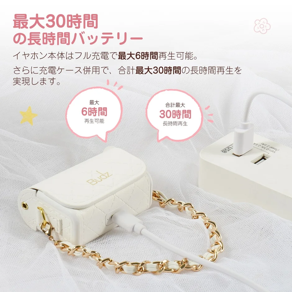 最大30時間の長時間バッテリー イヤホン本体はフル充電で最大6時間再生可能。さらに充電ケース併用で、合計最大30時間の長時間再生を実現します。最大6時間再生可能 合計最大30時間長時間再生 Budz USB SV-0.5A 2.1A 2.1A