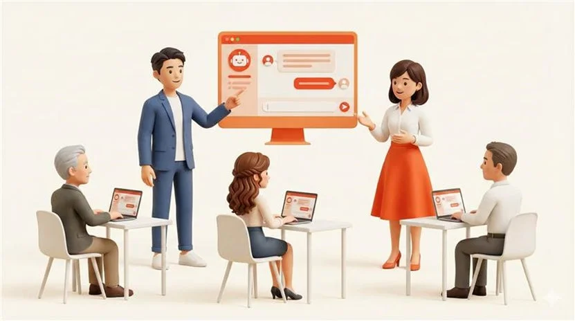 AI、チャットボット、オンライン学習、ビジネス、テクノロジー、教育、トレーニング、デジタルコミュニケーション、3Dイラスト、会議、プレゼンテーション、ワークショップ、学習者、講師