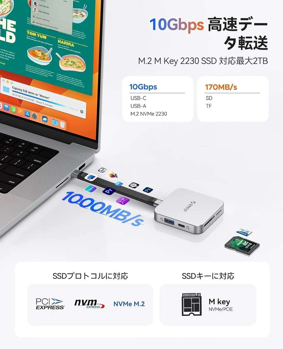 ノートPCに接続されたORICO製高速データ転送ハブ