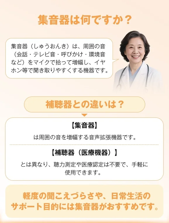 集音器の説明、補聴器との違い