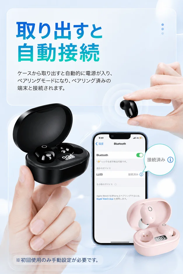 ワイヤレスイヤホンの自動接続機能