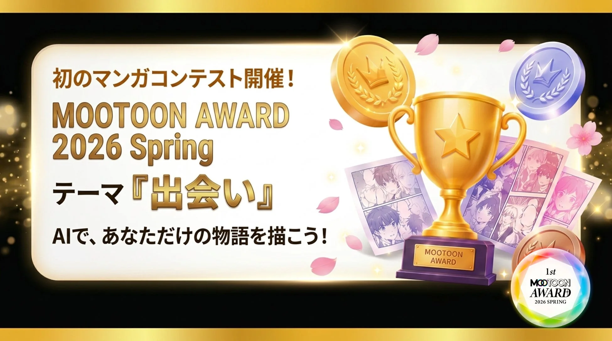 MOOTOON AWARD 2026 Springと題された初のマンガコンテストの開催を告知する画像です。テーマは「出会い」で、AIを活用して物語を描くことが奨励されています。トロフィーやコイン、漫画のコマ、桜の花びらで飾られた華やかなデザインです。