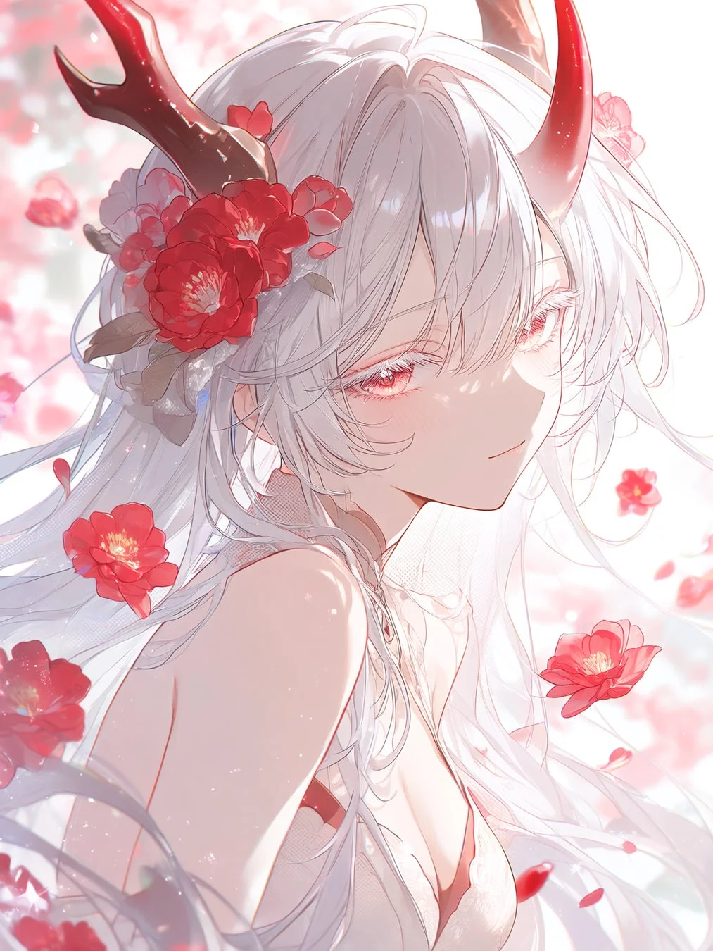 白い髪と赤い角を持つアニメ風の少女が、赤い瞳と優しい表情で描かれています。周囲には赤い椿のような花が舞い、幻想的で美しい雰囲気を醸し出しています。