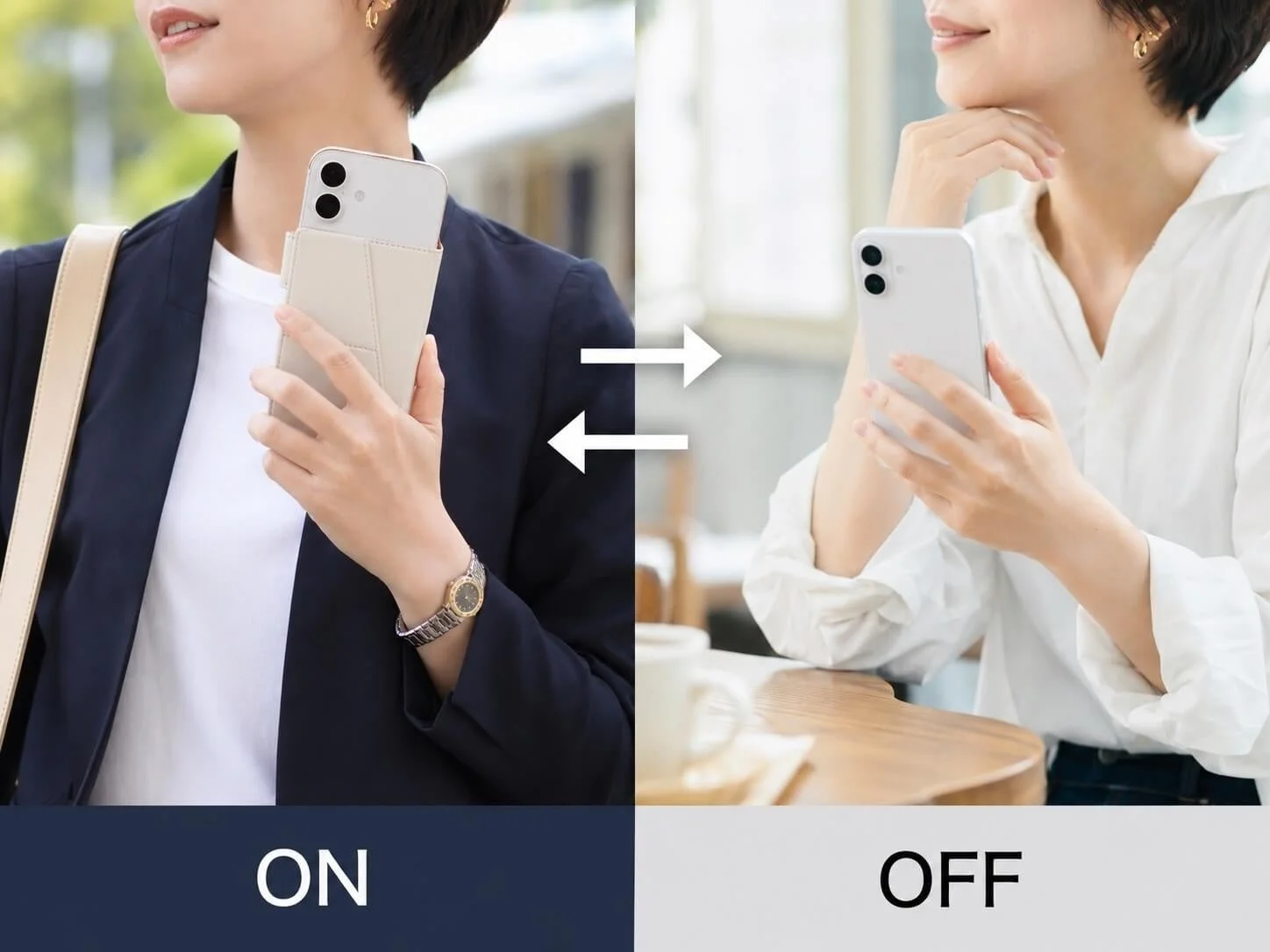 女性がスマートフォンを使用している様子を左右で比較した画像です。左側ではケースに収納されたスマホを持ち、右側ではケースなしでスマホを操作しており、「ON」と「OFF」の表示がその違いを示しています。