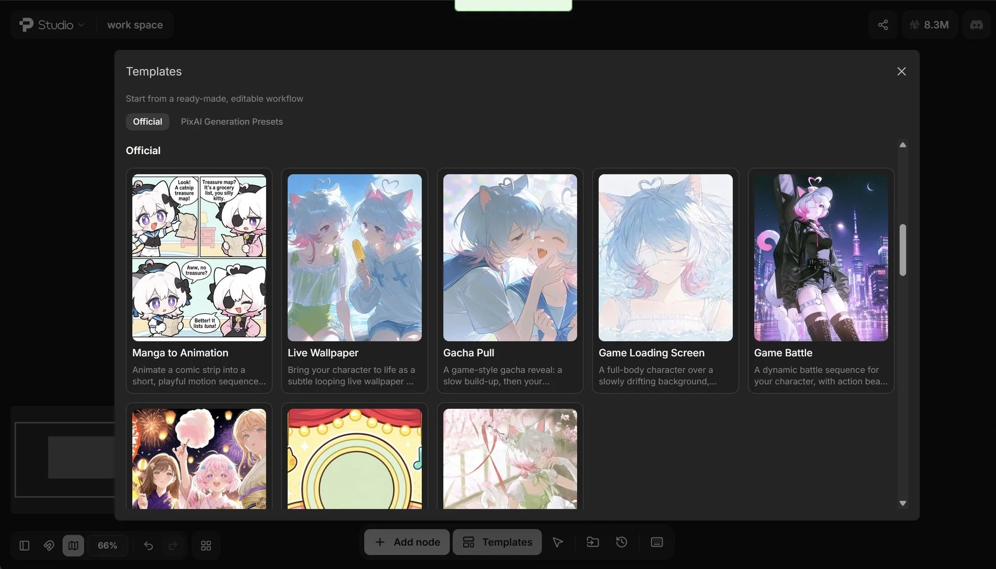 AI画像生成プラットフォームの「Templates」画面で、アニメスタイルの画像生成プリセットが多数表示されています。「Manga to Animation」や「Live Wallpaper」など、様々なテーマのテンプレートが選択可能です。ダークテーマのUIで、操作ボタンも確認できます。