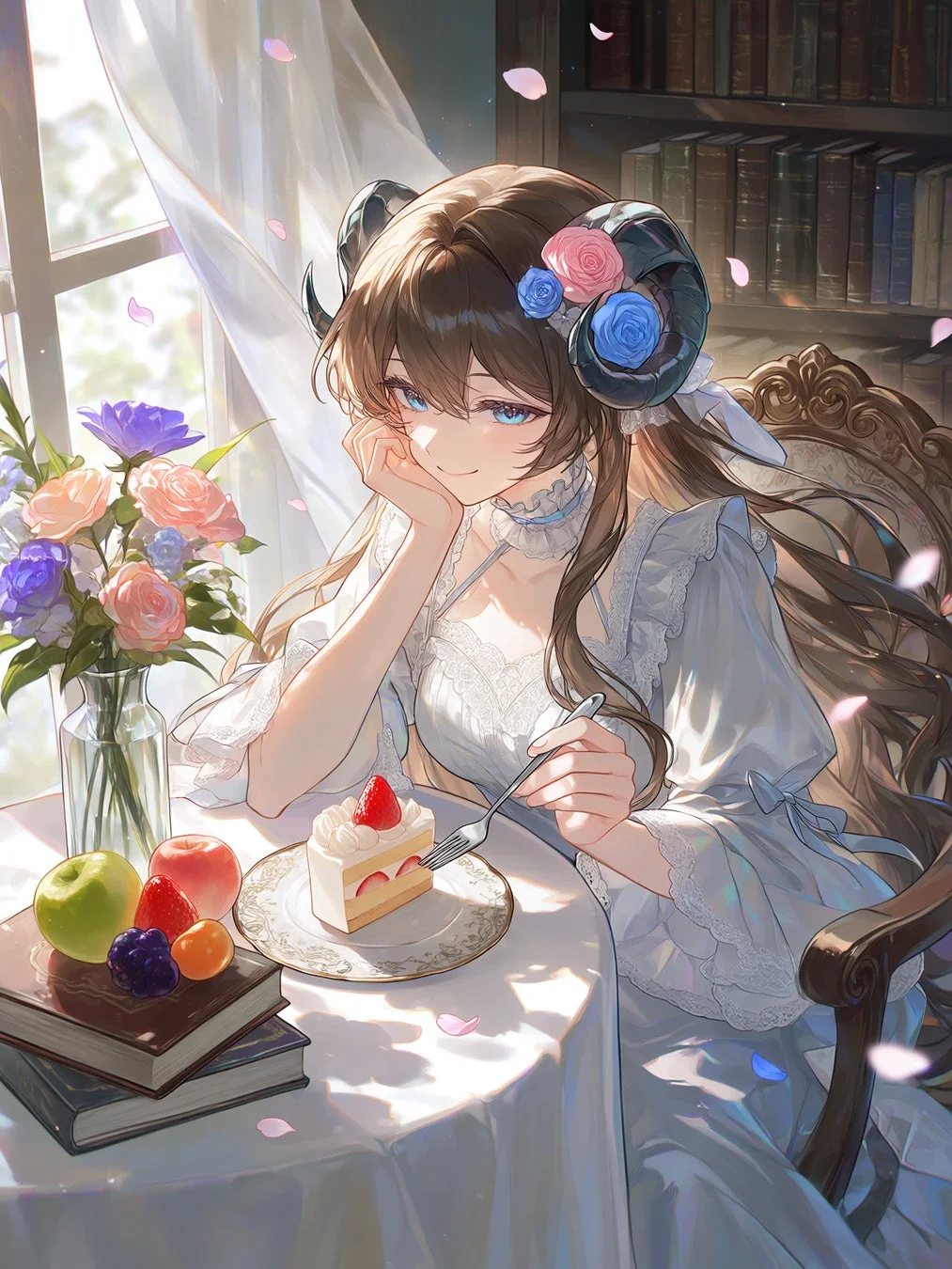 窓から光が差し込む部屋で、角とバラの飾りをつけた少女が白いドレスを着て、いちごのショートケーキを前に微笑んでいます。花束や果物、本が置かれ、優雅で幻想的なティータイムの様子が描かれています。