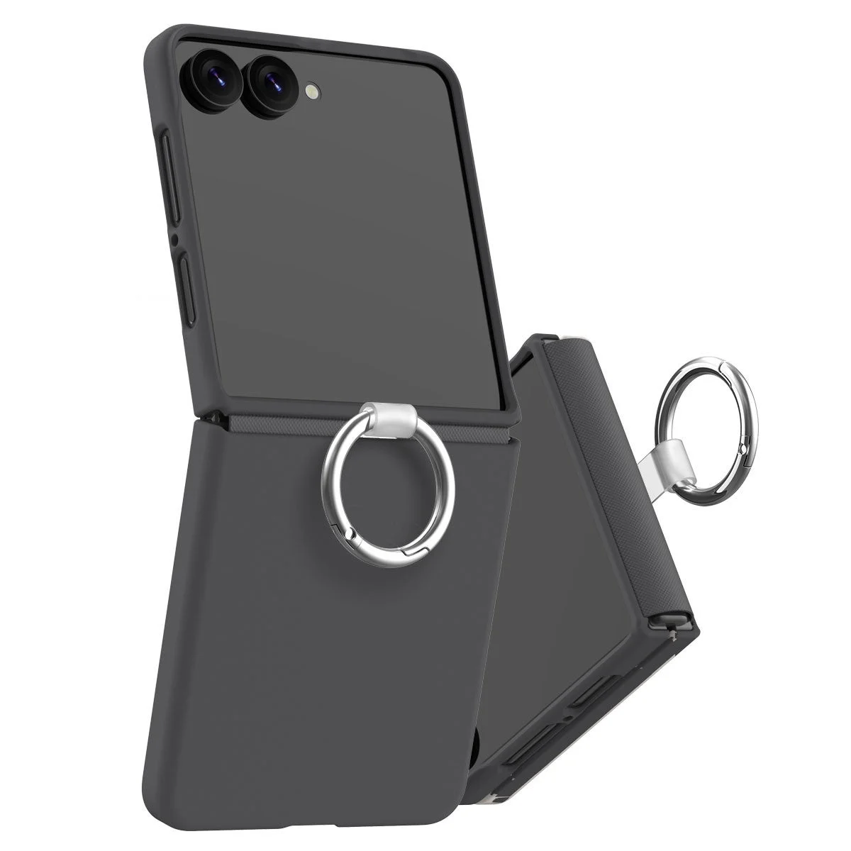 リングホルダー付きケースを装着したダークグレーの折りたたみスマートフォン