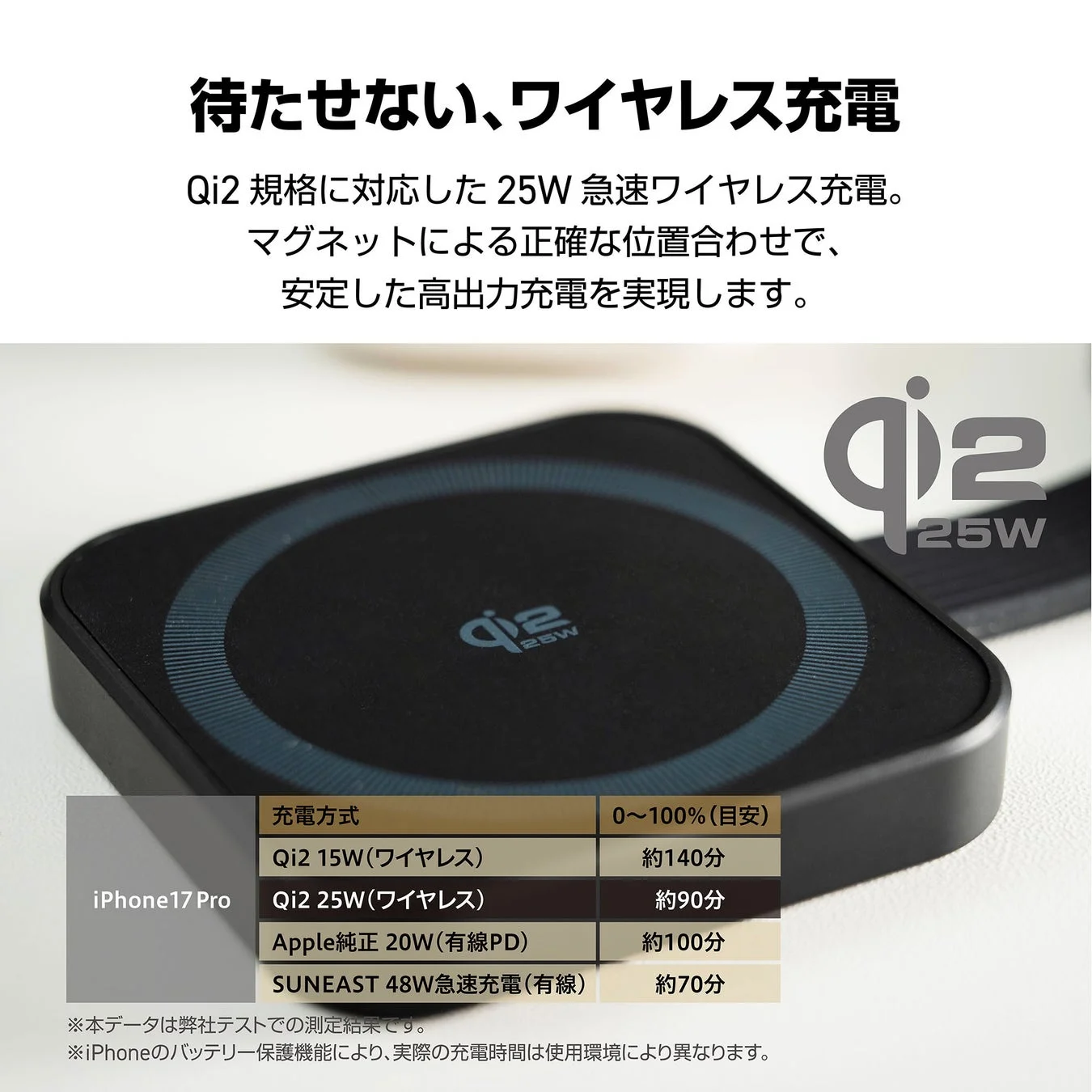 Qi2 25W充電速度比較