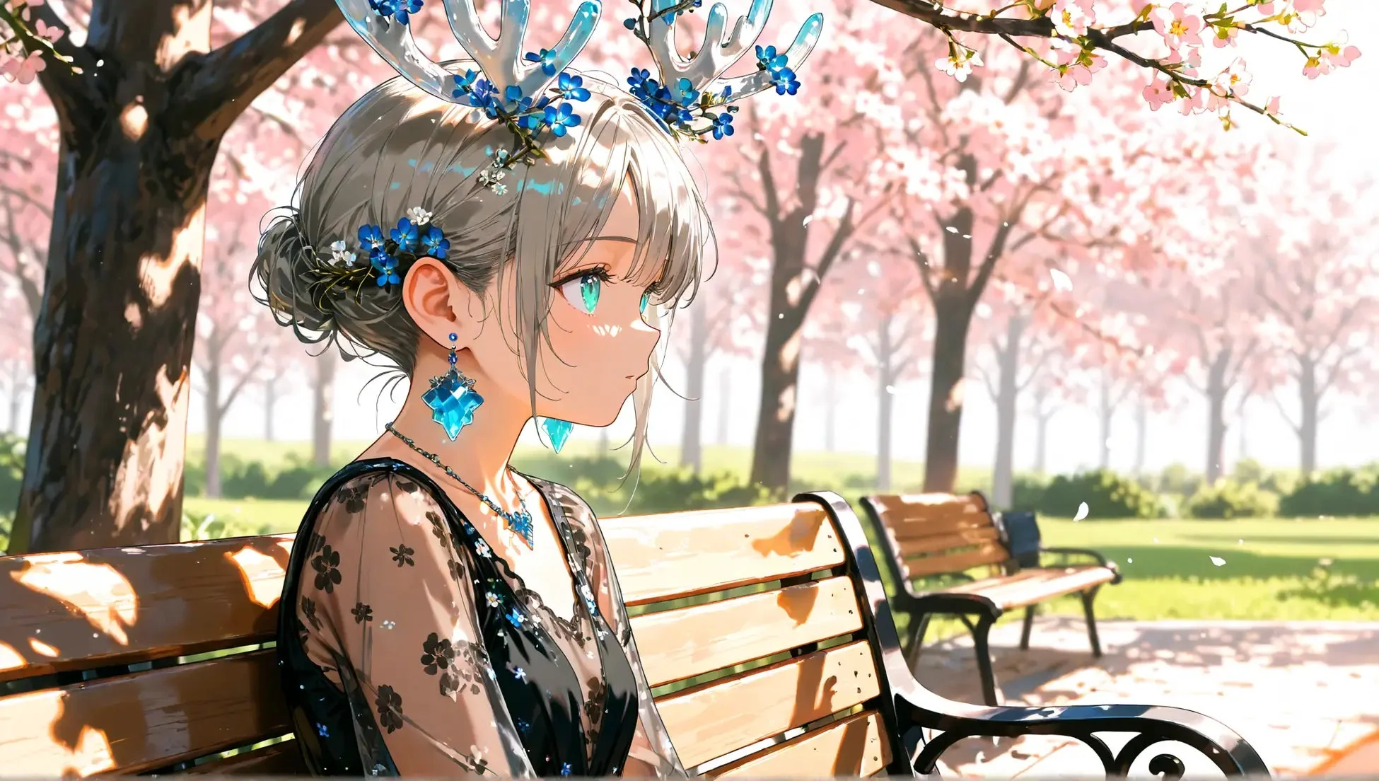 桜が満開の公園のベンチに座る、角飾りと青い花で飾られた髪のアニメスタイルの少女のイラスト。彼女は透明感のある青いイヤリングとネックレスを身につけ、静かに遠くを見つめている。