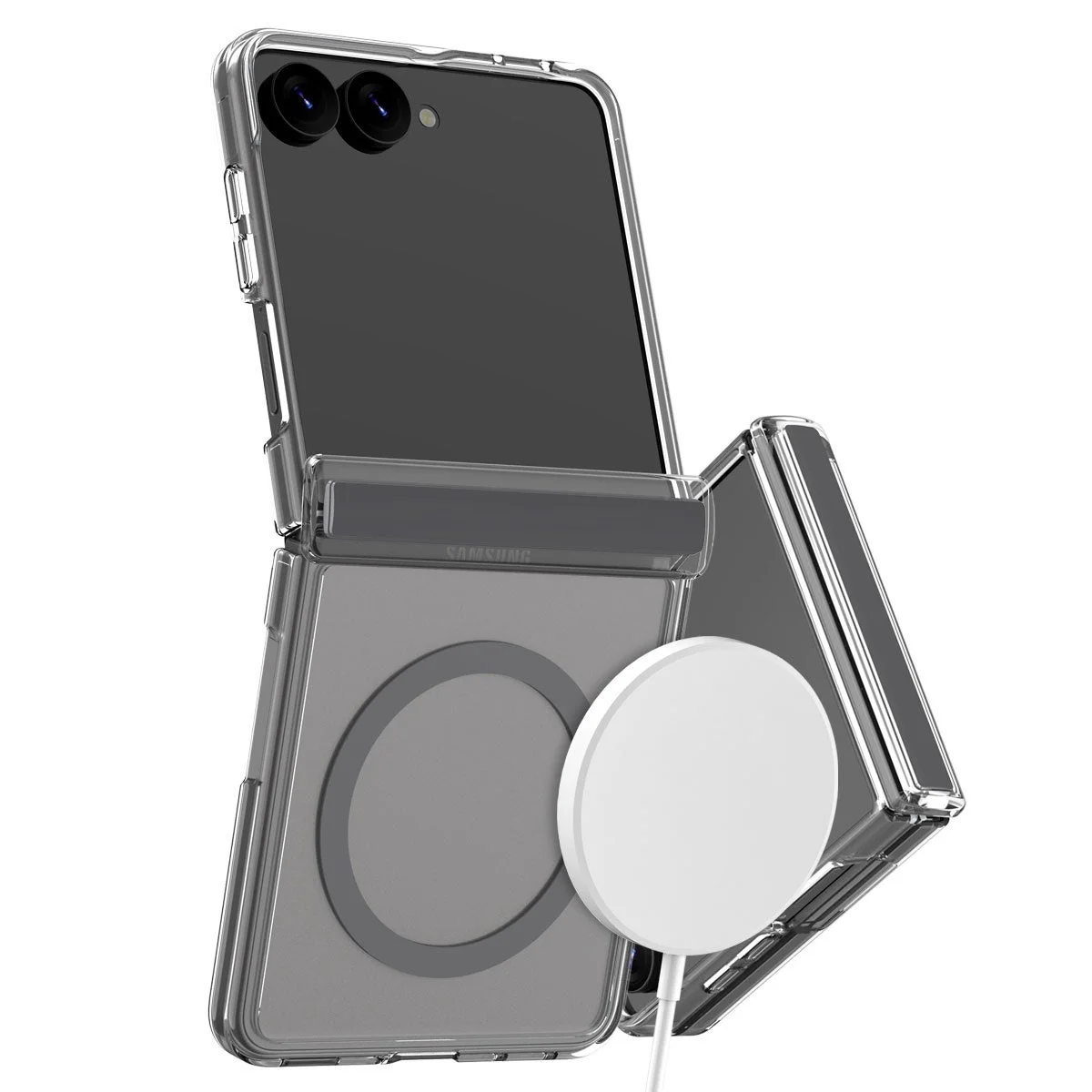 透明なケースを装着し、ワイヤレス充電器が取り付けられた折りたたみ式スマートフォン
