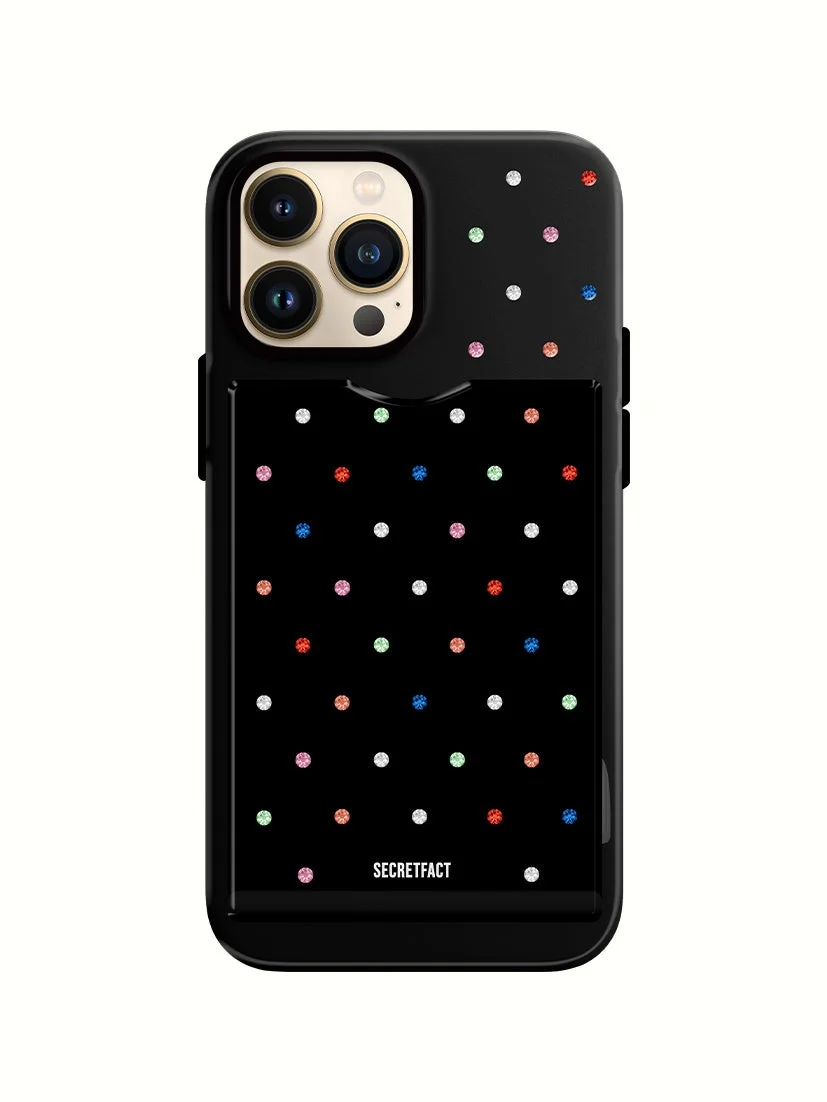 黒色のiPhoneケースで、背面にはカラフルな水玉模様のグリッターが散りばめられています。