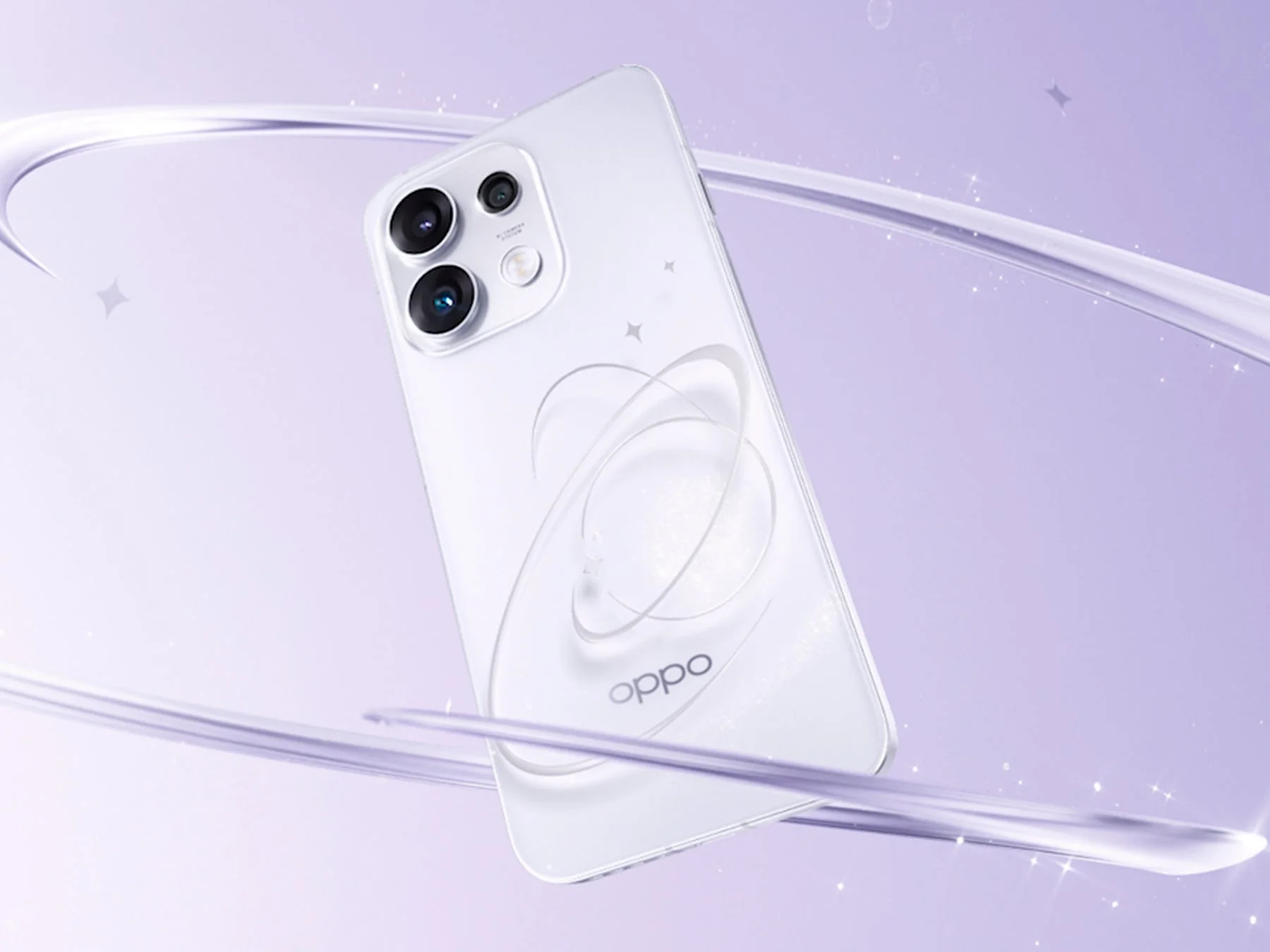 白いOPPO製スマートフォンが、紫色の背景と流れるような透明なライン、きらめくエフェクトの中に浮かんでいる