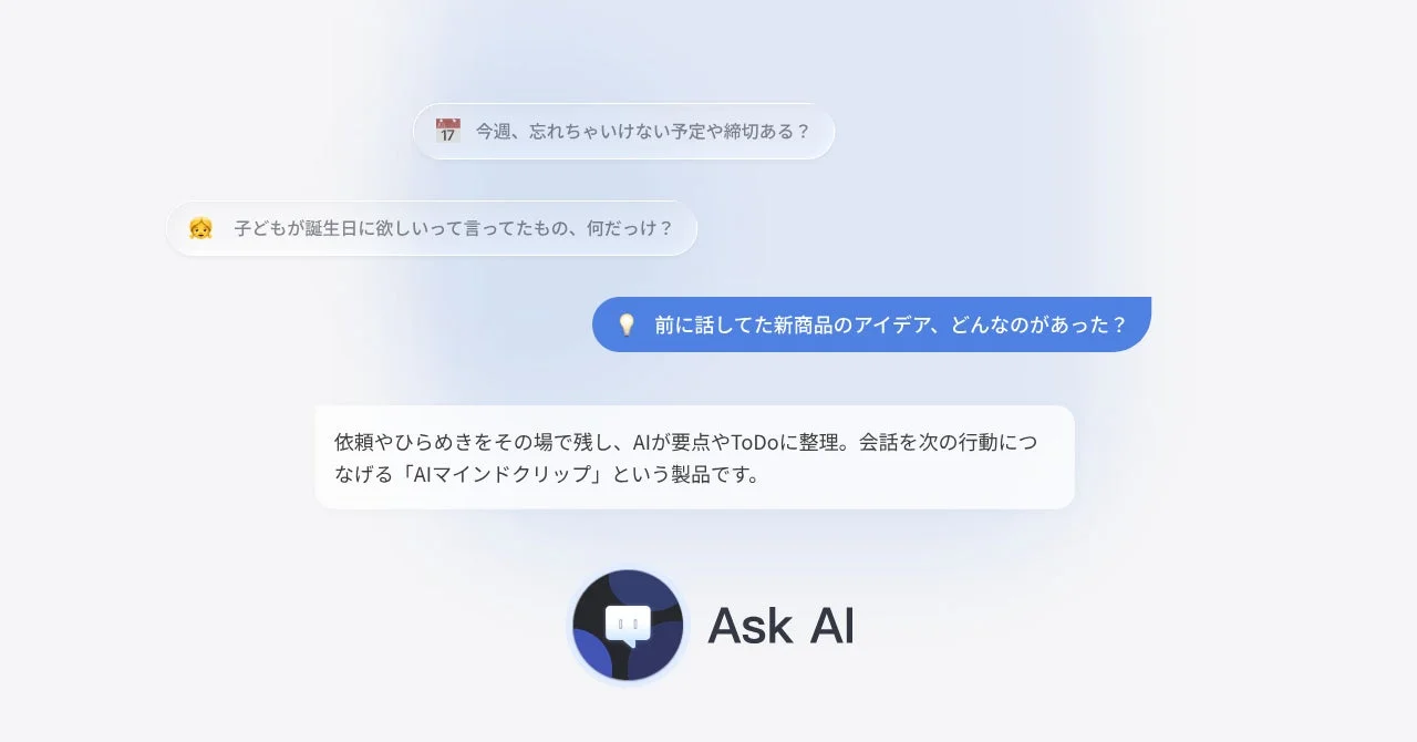 AIが会話から依頼やひらめきを抽出し、要点やToDoに整理して次の行動につなげる「AIマインドクリップ」という製品のコンセプト