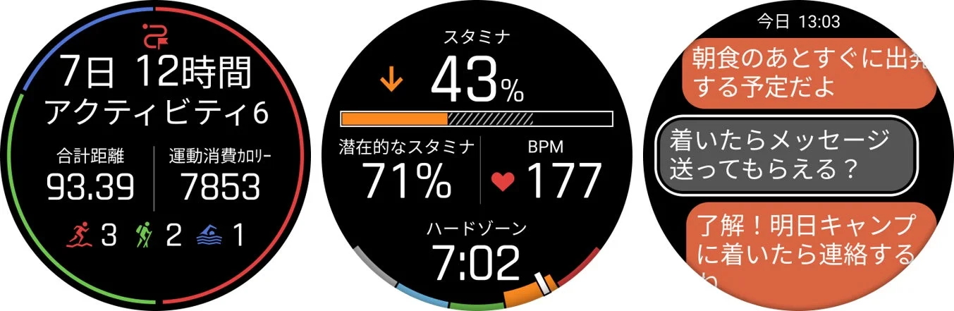 スマートウォッチ画面にフィットネスデータとチャット