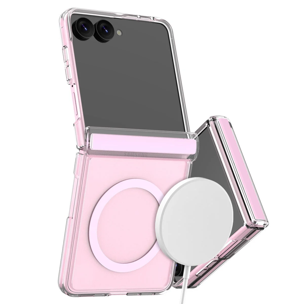 ピンクの折りたたみスマートフォンが透明なケースに入っており、背面にワイヤレス充電器が装着されている