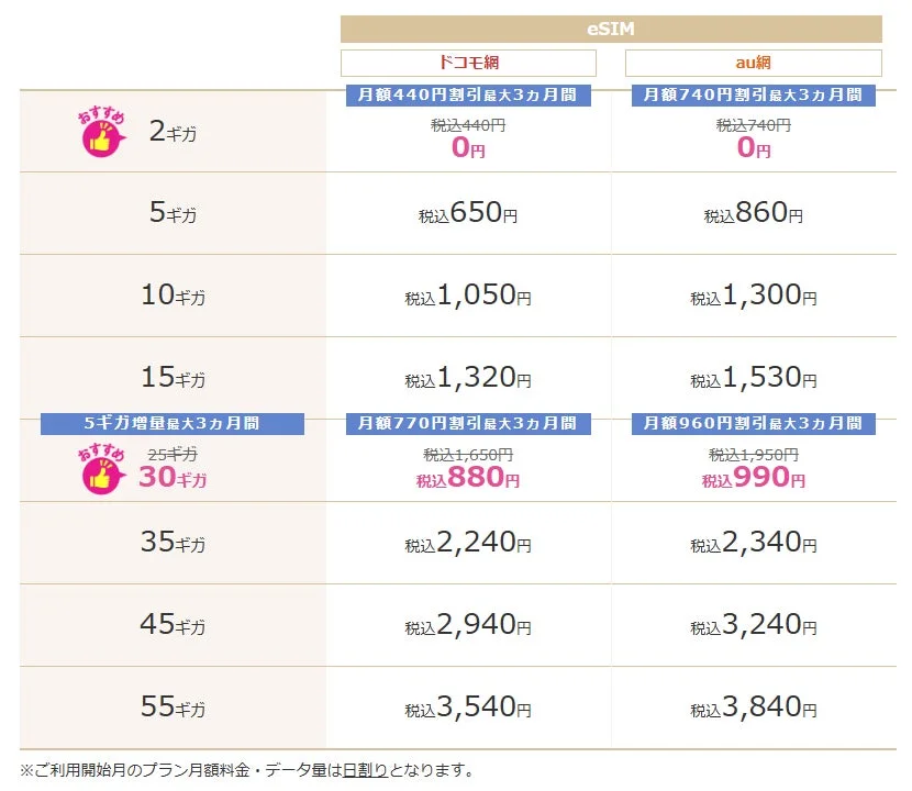 eSIMスタート応援キャンペーンの料金プラン