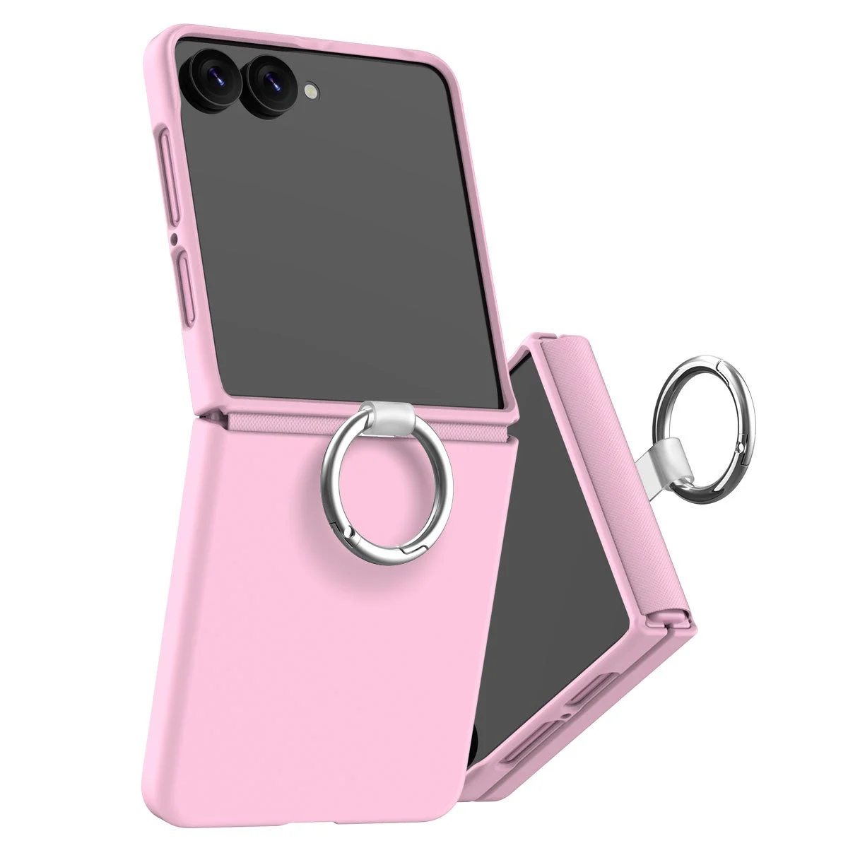 ピンク色の折りたたみ式スマートフォンケースとリングホルダー